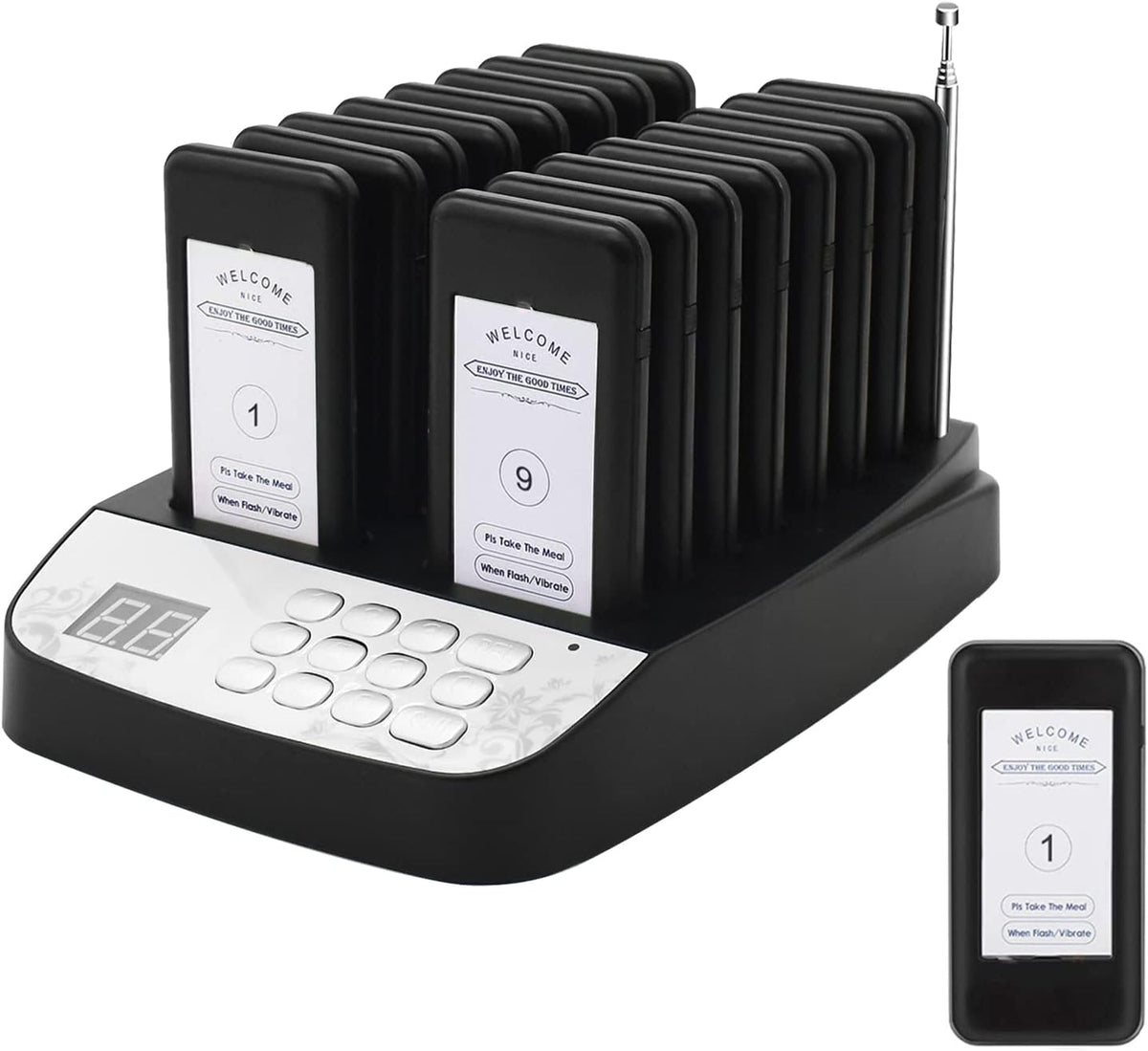 16 Wireless Buzzers Pager System Set with Vibration and Flashing Black