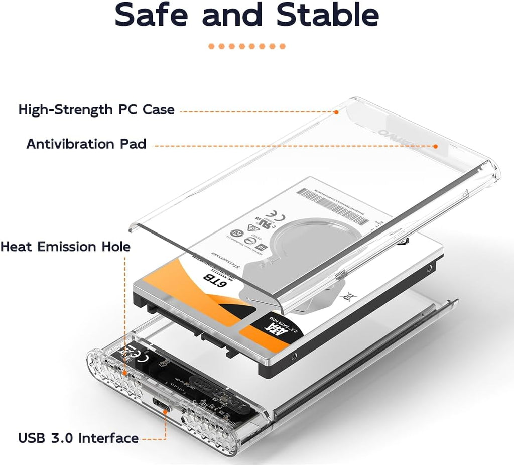 External Hard Drive Enclosure for 7mm 9.5mm 2.5 inch SATA SSD/HDD, 5Gbps USB C to SATA Adapter Storage Case, 6TB