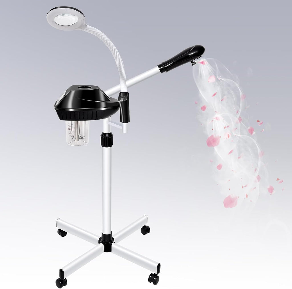 2 in 1 Professional Facial Steamer with 5X Magnifying Lamp | On Wheels, Time Settings, Face Steamer for Facial Deep