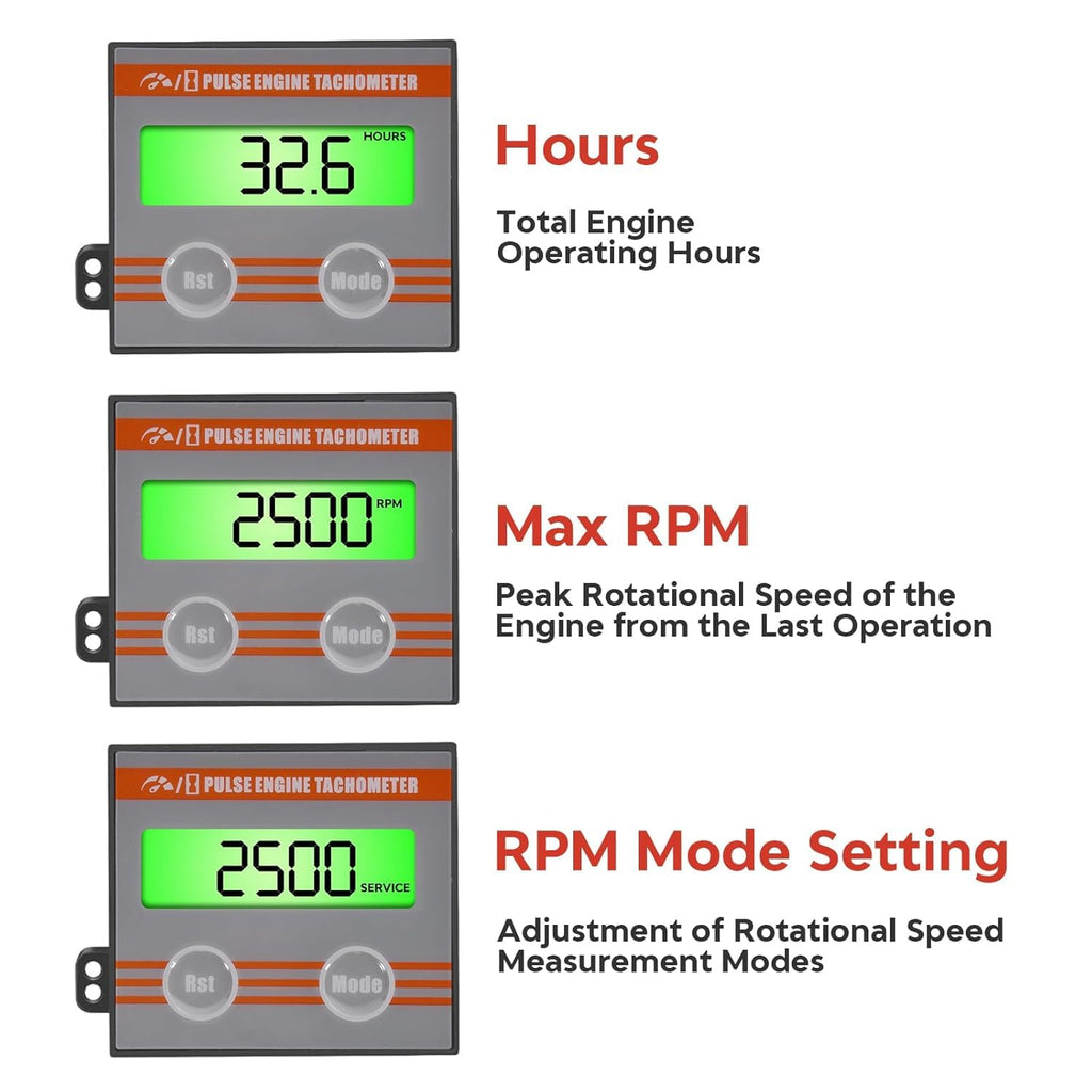 Digital Tachometer with Hour Meter, Inductive RPM Gauge