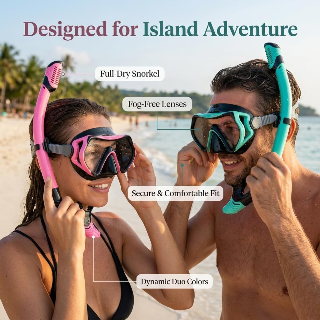 Snorkeling Gear for Adults, JRing Snorkel Mask Set with 180 Degree Tempered Glass Anti Fog Goggles Scuba Dry Top