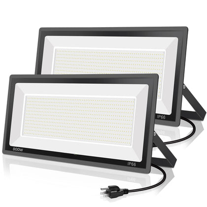 2 Pack 800W LED Flood Light Outdoor,3750W Equivalent Super Bright FloodLight with Plug,88500LM 5000K Daylight White