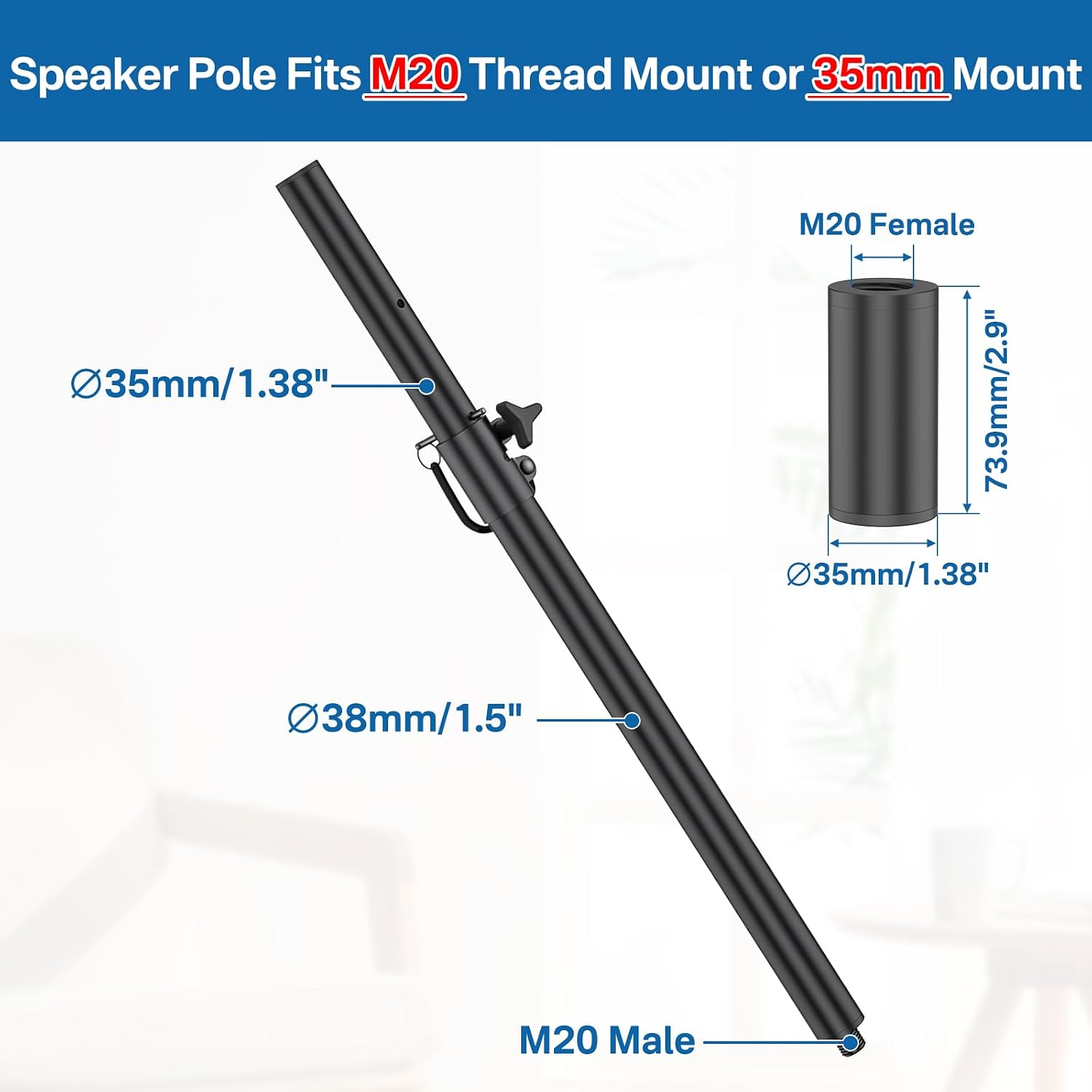 Heavy-Duty Speaker Pole for Subwoofer with Height Adjustable Subwoofer Pole Mounts Fits M20 Threaded Mount and 35mm