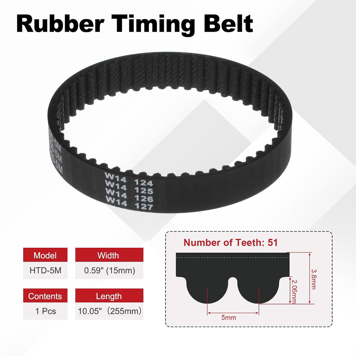 HTD 5M Timing Belts, 255mm Pitch Length x 15mm Width x 3.8mm Height