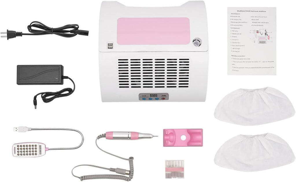 5-in-1 Nail Dust Collector, 60W UV LED Lamp Pink White Salon Home | 5-In-1 Multifunctional Nail Machine Combines Dust