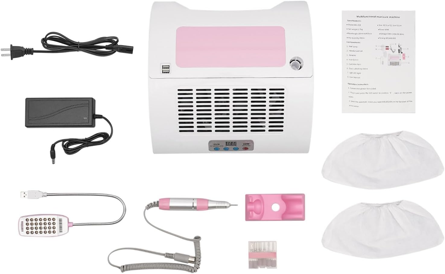 5-in-1 Nail Dust Collector, 60W UV LED Lamp Pink White Salon Home | 5-In-1 Multifunctional Nail Machine Combines Dust