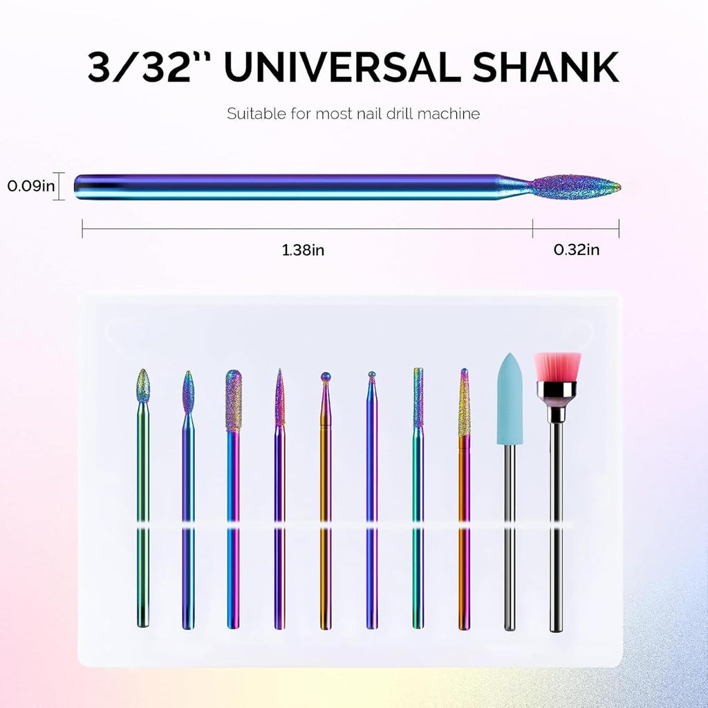 10pcs Nail Drill Bits Diamond Cuticle Set Rainbow | 3/32''for Nail Drill Efile,Two-Way Rotation,Acrylic Nails Poly
