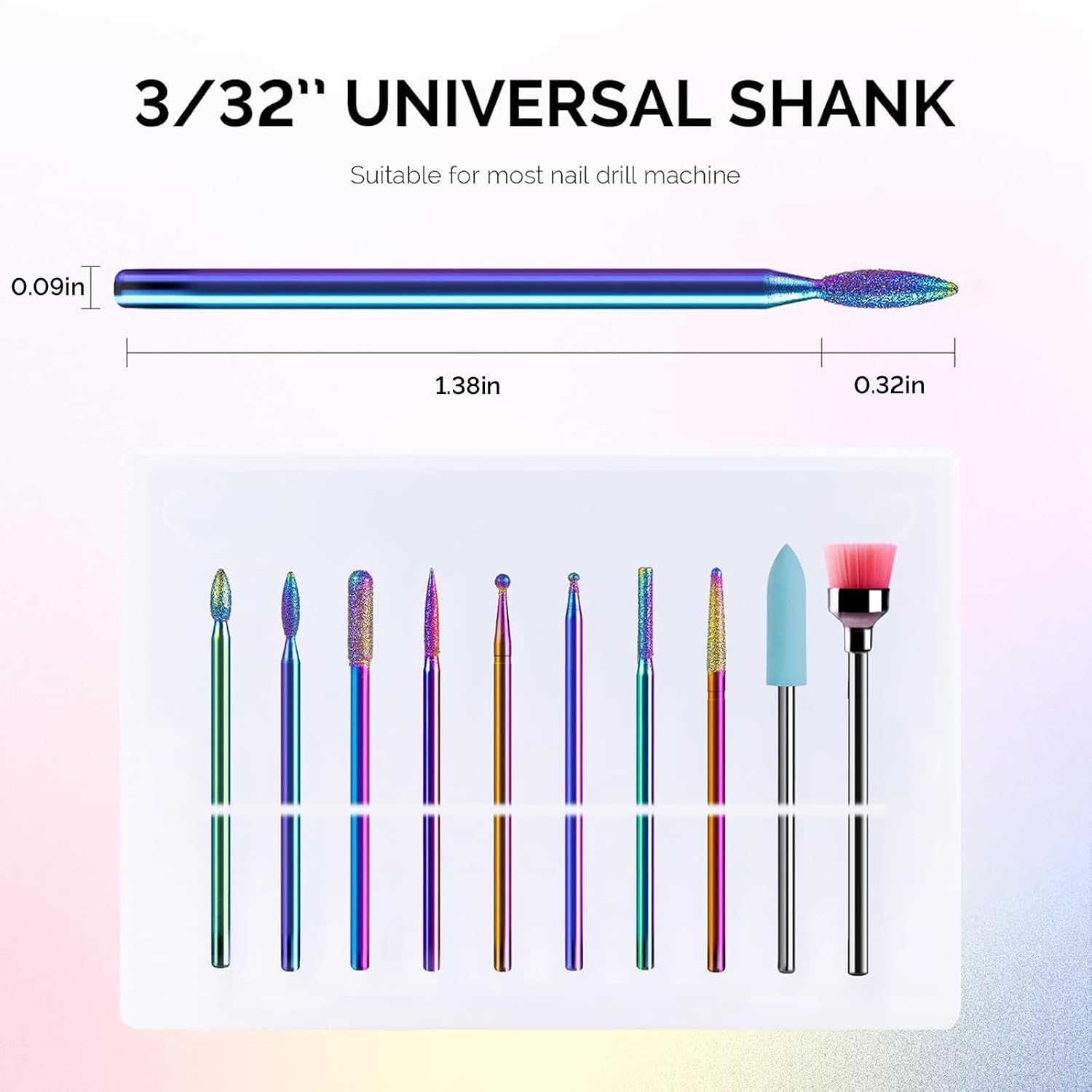 10pcs Nail Drill Bits Diamond Cuticle Set Rainbow | 3/32''for Nail Drill Efile,Two-Way Rotation,Acrylic Nails Poly
