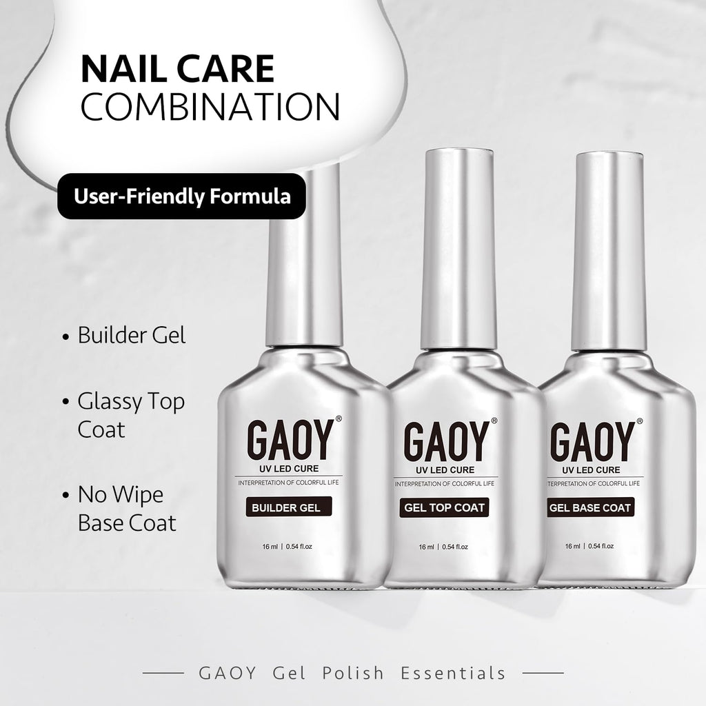 16ml Gel Top Coat, Builder Gel and Base Coat Set, 3 Pcs | Clear Glossy No Wipe Gel Top, Base Coat and Builder for Gel