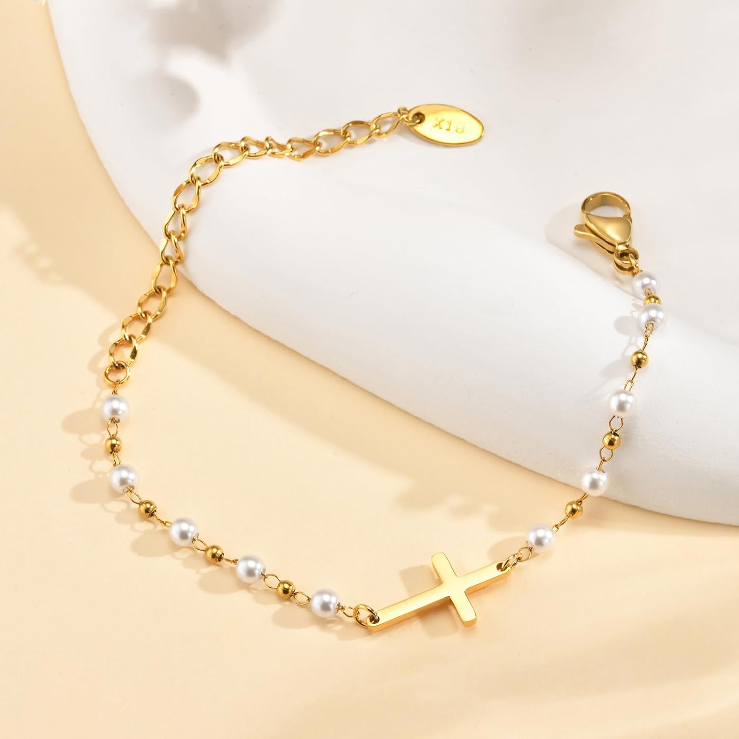 Baby Baptism Cross Bracelet Gift : 18k Gold Plated/Silver Delicate Pearl Cross Bracelets Kids Daughter Granddaughter