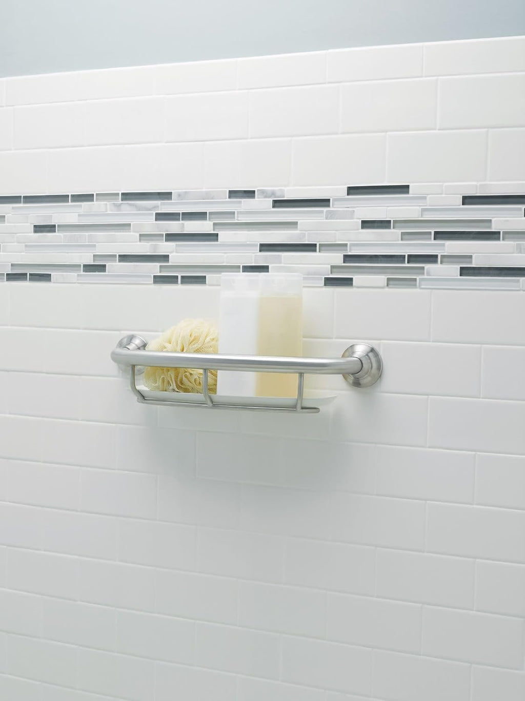 Home Care Bathroom Safety 16 Inch Handicap Grab Bar for Bathtub and Shower with Storage Shelf, Elderly Assistance
