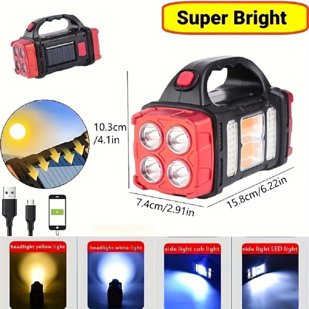 High Lumens Solar Flashlight - LED Work Light with USB-C Rechargeable, Waterproof, Multi-Function Flashlight &