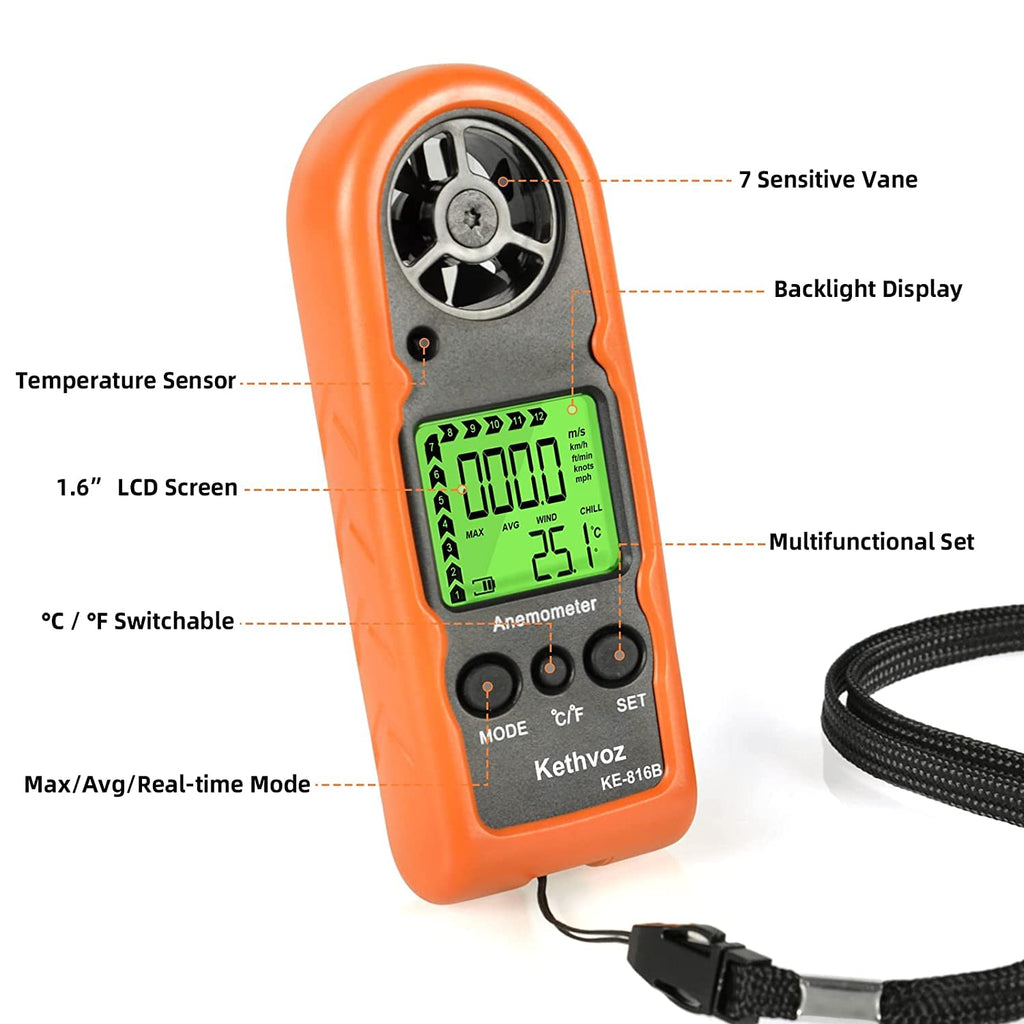 Anemometer Handheld Wind Meter 65mph, Kethvoz Mini Air Velocity Gauge 816B