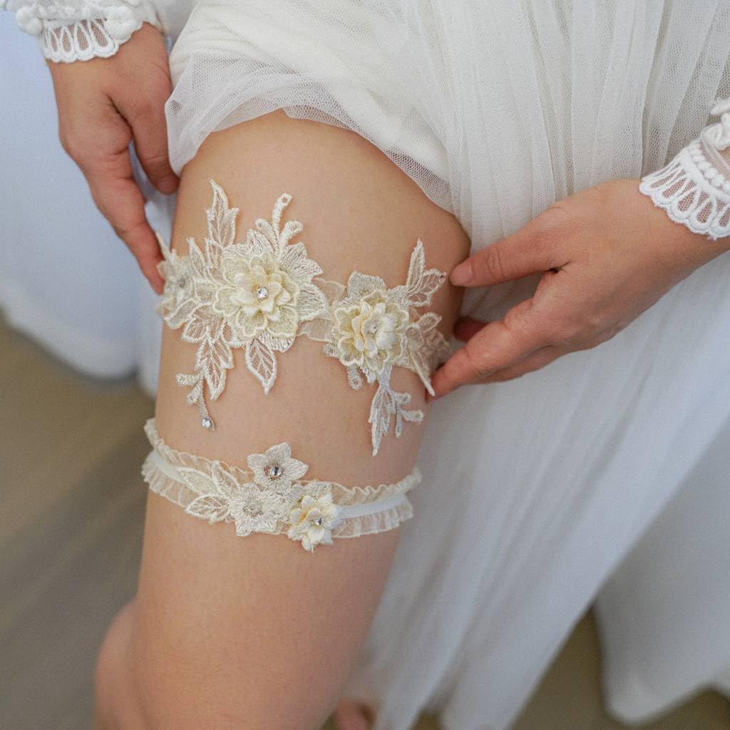 Wedding Garter Set for Bride Lace Flower Appliques Bridal Leg Garter Toss Tulle Set 2 Pieces
