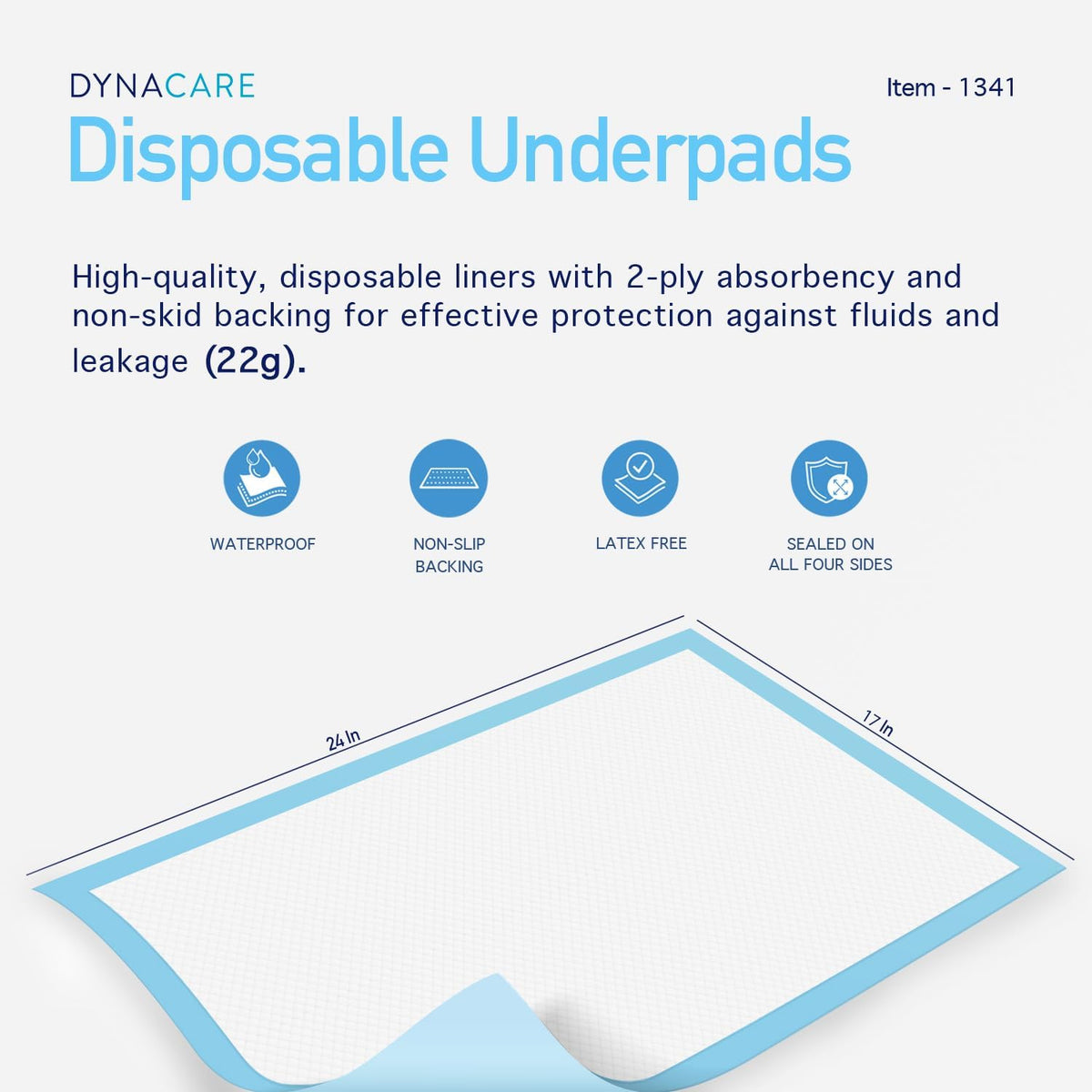Disposable UnderPad, 17" x 24", 22g, 100 Count, Medium Absorbency
