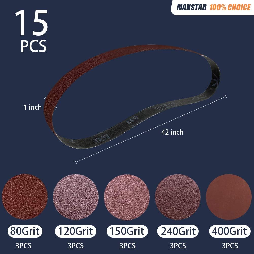15 Pcs 1 x 42 Inch Assorted Aluminum Oxide Sanding Belt, 80/120/150/240/400 Grit