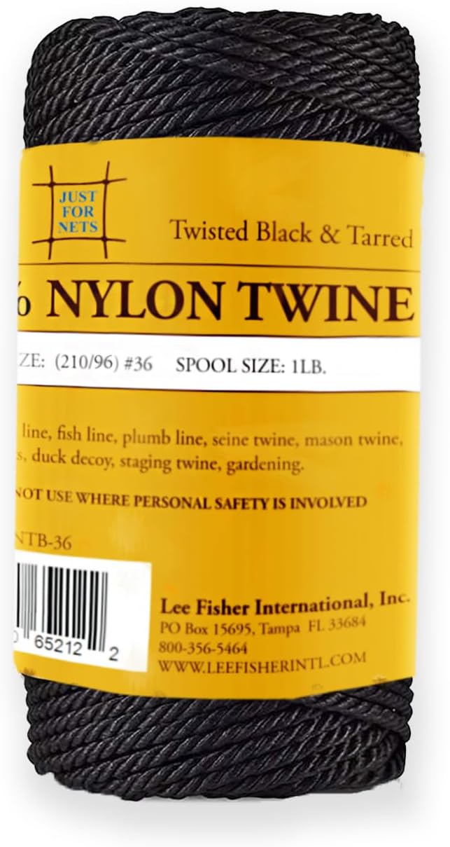 Twisted Tarred Nylon Bank Twine, Black, 1lb Spool - Heavy Duty String for Net Repair, Camping, Trot Line Fishing
