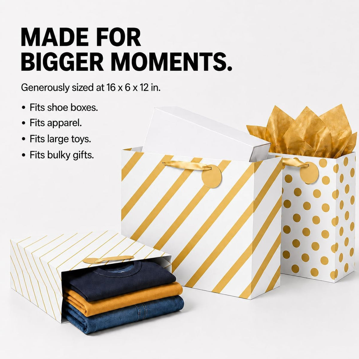 Large Gift Bags, White & Gold Design, Tissue Paper, 3 Pack