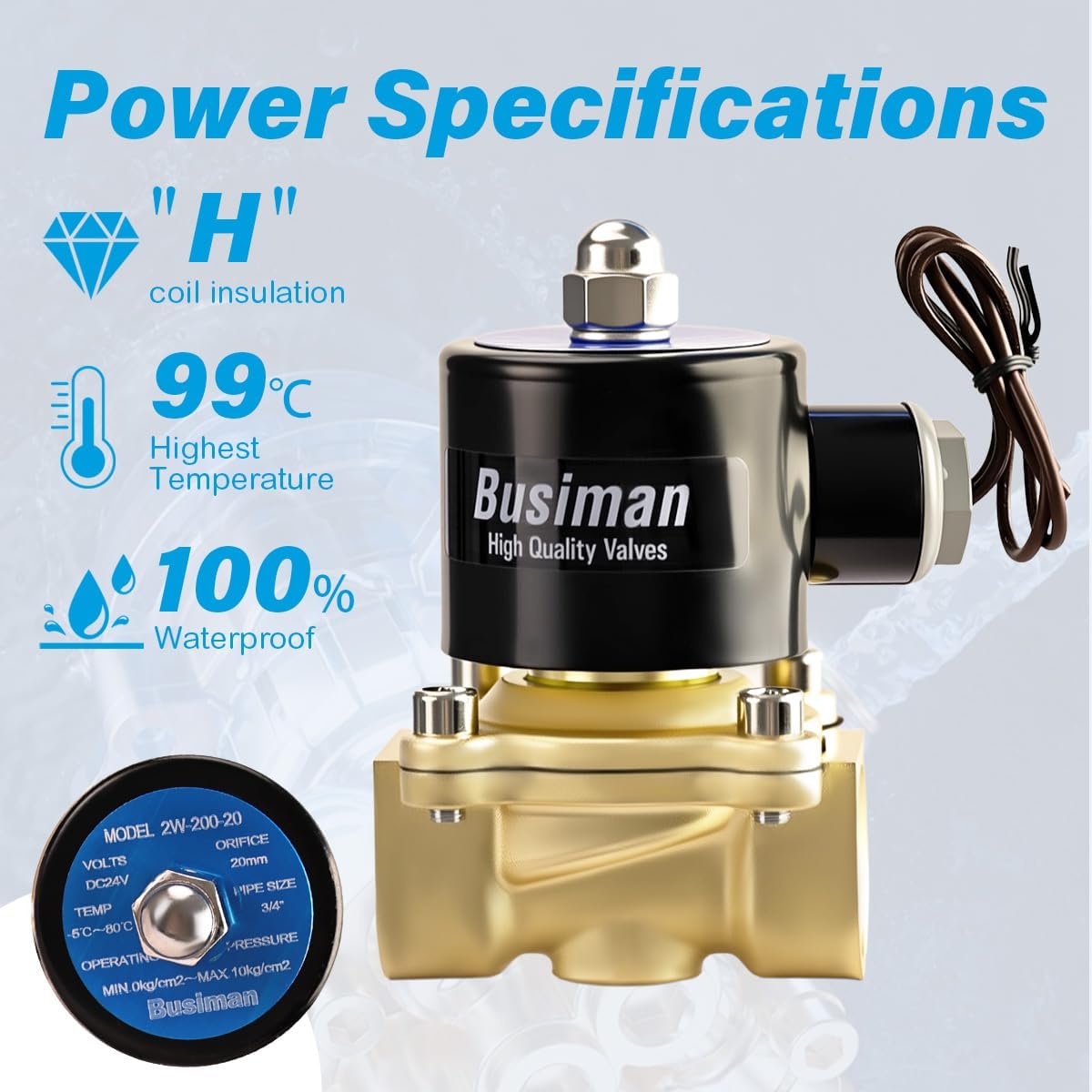 Electric Solenoid Valve 3/4" 24V DC Brass Normally Closed - Compatible with Water, Air, Diesel, Gas - Replaceable VITON Seal - Compact Direct Acting
