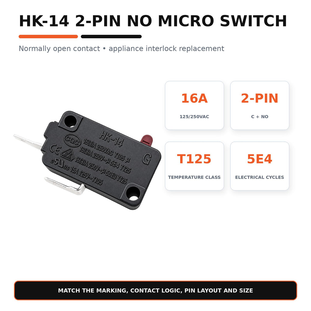 HK-14 NO 2-Pin Micro Switch, 16A 125/250VAC, Air Fryer Door Switch (4-Pack)