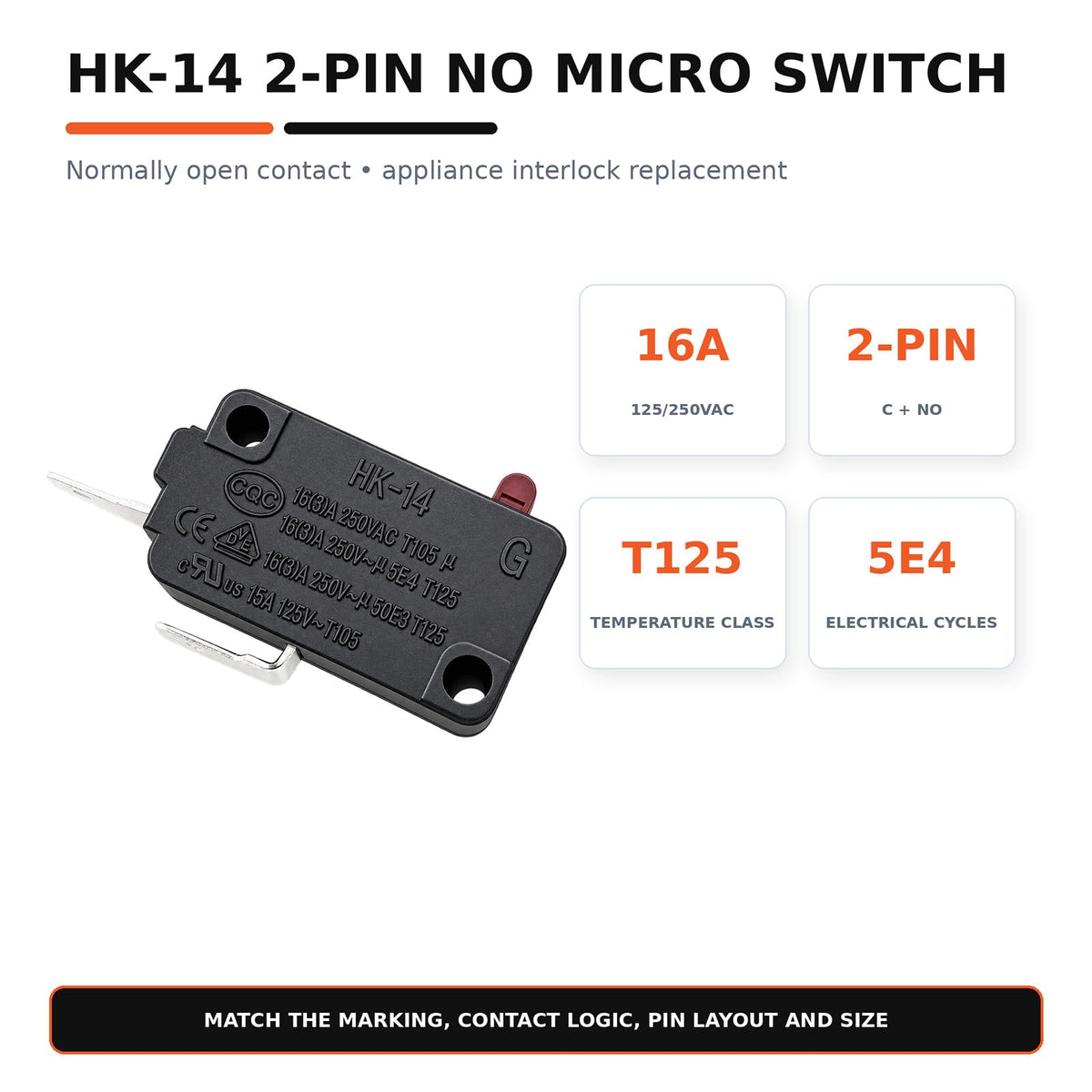 HK-14 NO 2-Pin Micro Switch, 16A 125/250VAC, Air Fryer Door Switch (4-Pack)