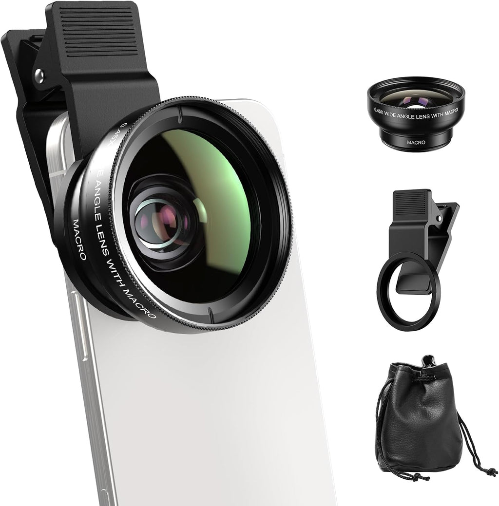 0.45x Wide Angle & 12.5X Macro Lens, Clip-On Phone Camera Kit | for iPhone & Android – Perfect for Selfies, Travel