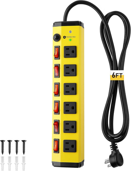 Heavy Duty Power Strip Surge Protector,Individual Switches,6FT/15A | 6 Outlet Surge Protector with 1200J,Flat Plug