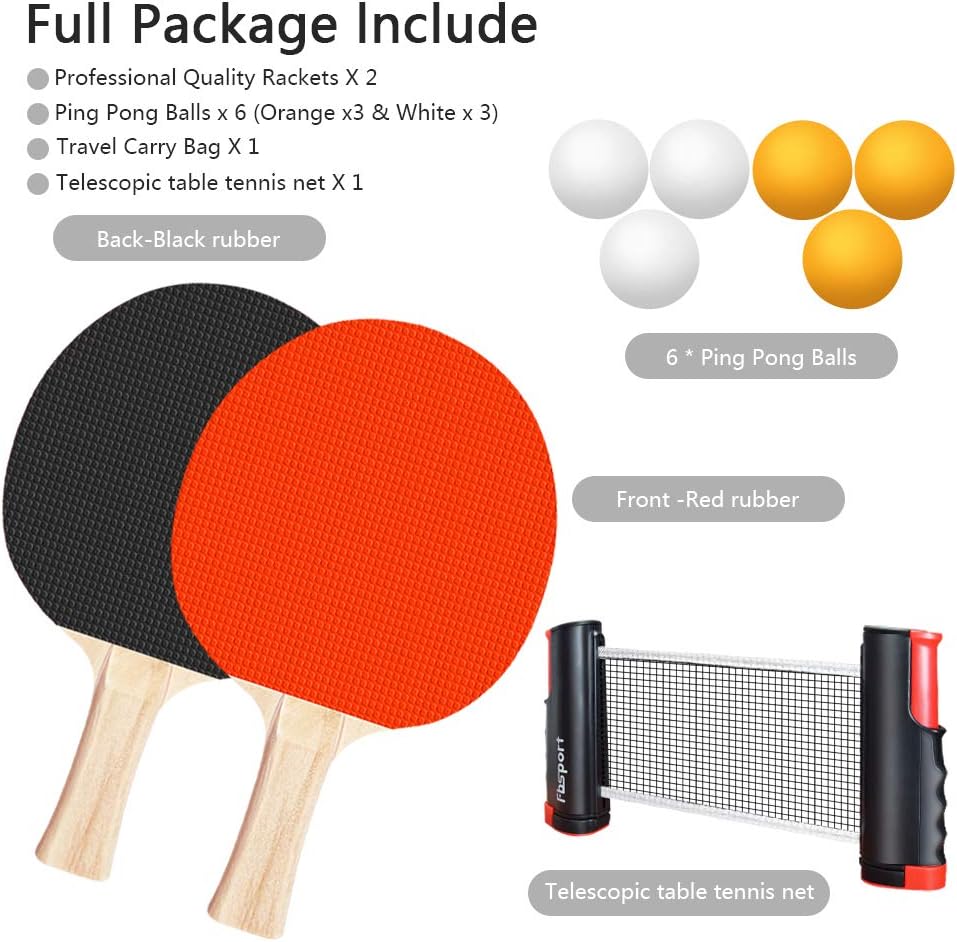 Ping Pong Paddle Set, Portable Table Tennis Set with Retractable Net,Rackets,Balls and Carry Bag for Indoor/Outdoor
