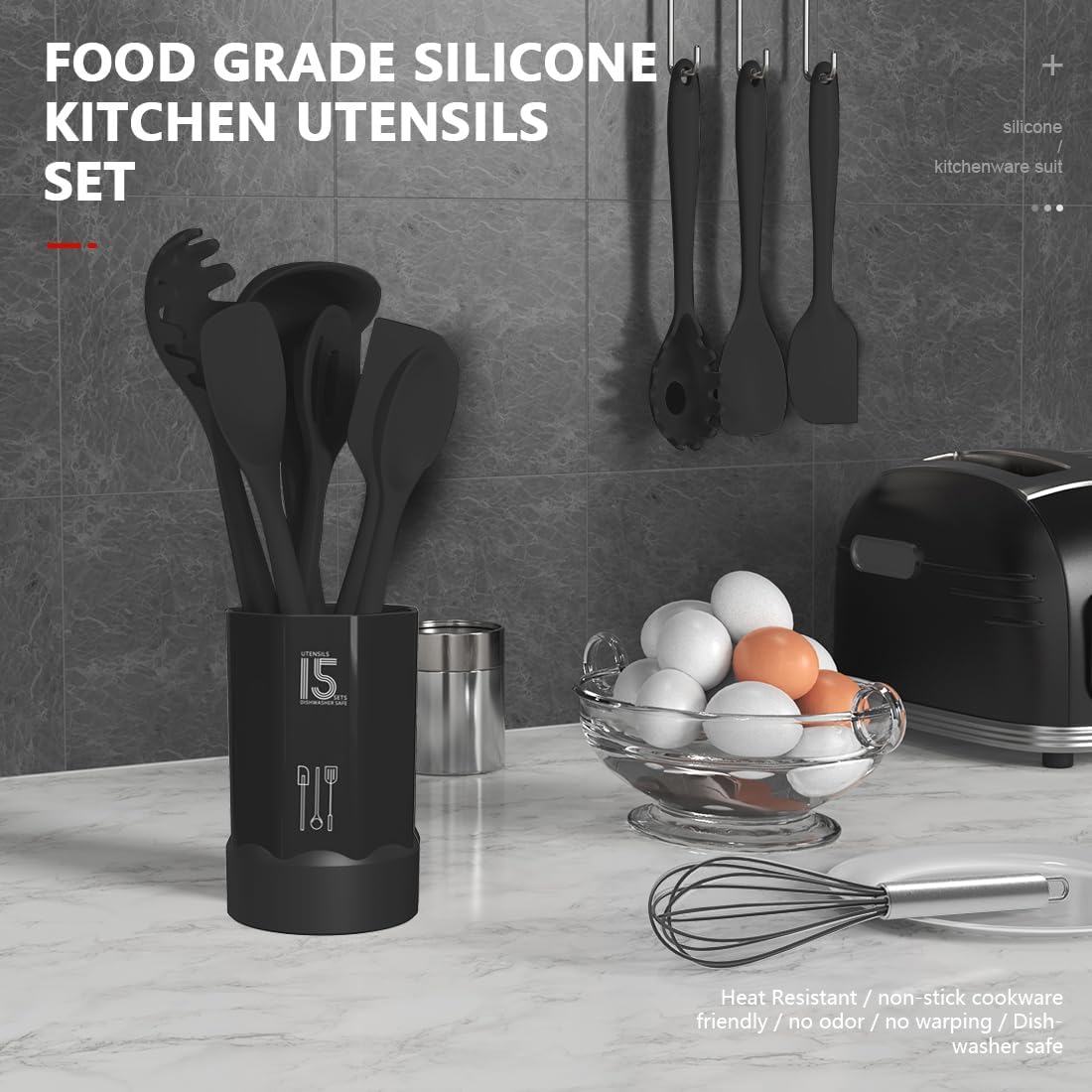 Silicone Cooking Utensils Set - 446°F Heat Resistant Kitchen Utensils,Turner Tongs,Spatula,Spoon,Brush,Whisk,Kitchen