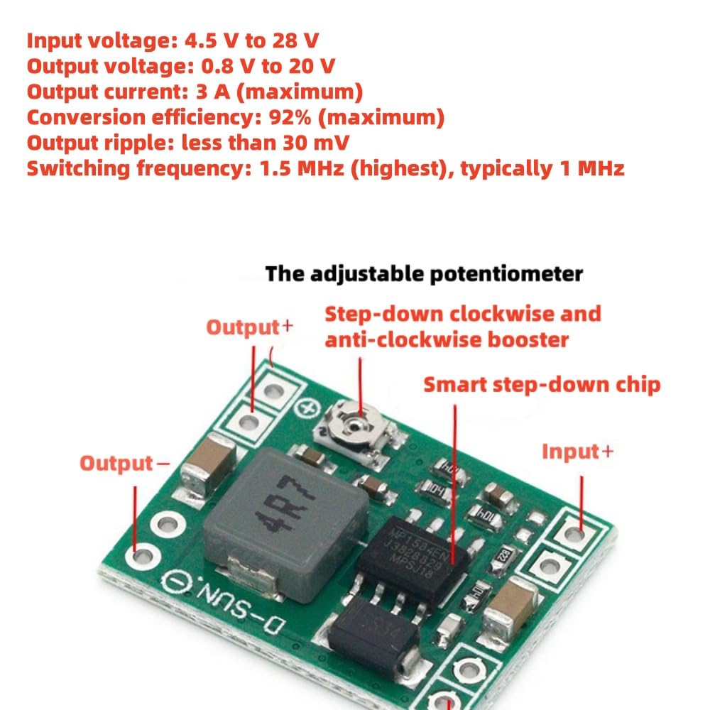 6Pcs MP1584EN Buck Converter, QEBIDUM MP1584 Mini DC-DC Reduction Voltage Power Supply Step-Down Adjustable Module Board 24V to 12V 9V 5V 3V Max 3A