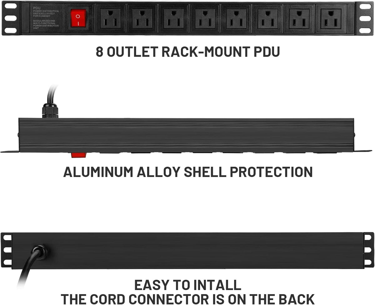 Power Strip Surge Protector Rack-Mount PDU, 8 Right Angle Outlets Wide-Spaced, Mountable Power Strip Heavy Duty for