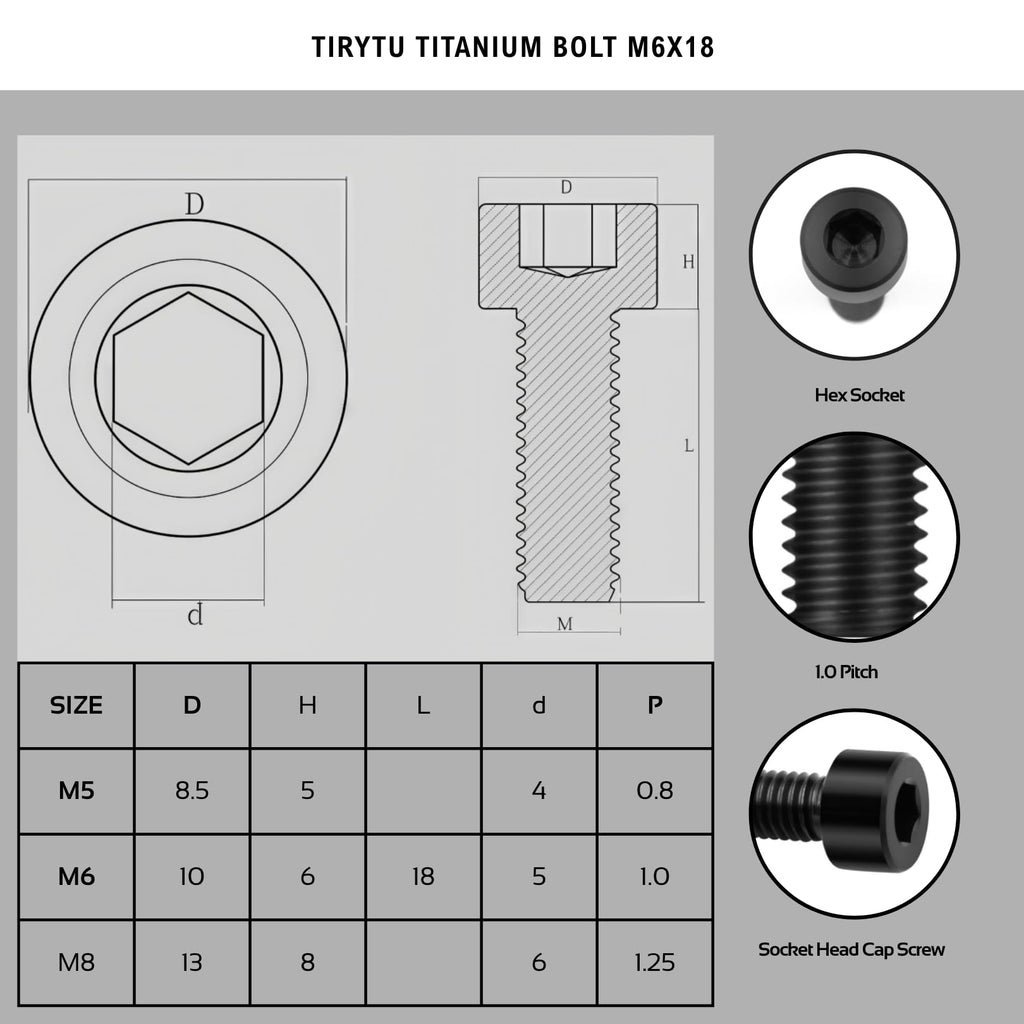 TIRYTU Lightweight Titanium Bolts M6x18 Hex Socket Screws, Black, 6PC