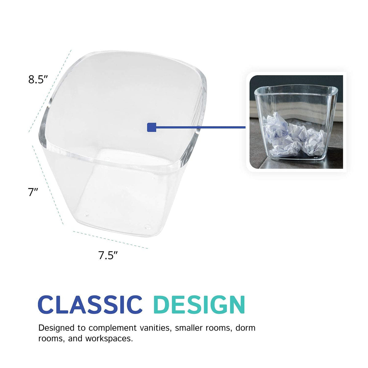 Clear Square Mini Wastebasket Trash Can | Garbage Container Bin for Bathrooms, Kitchens, Home Offices |