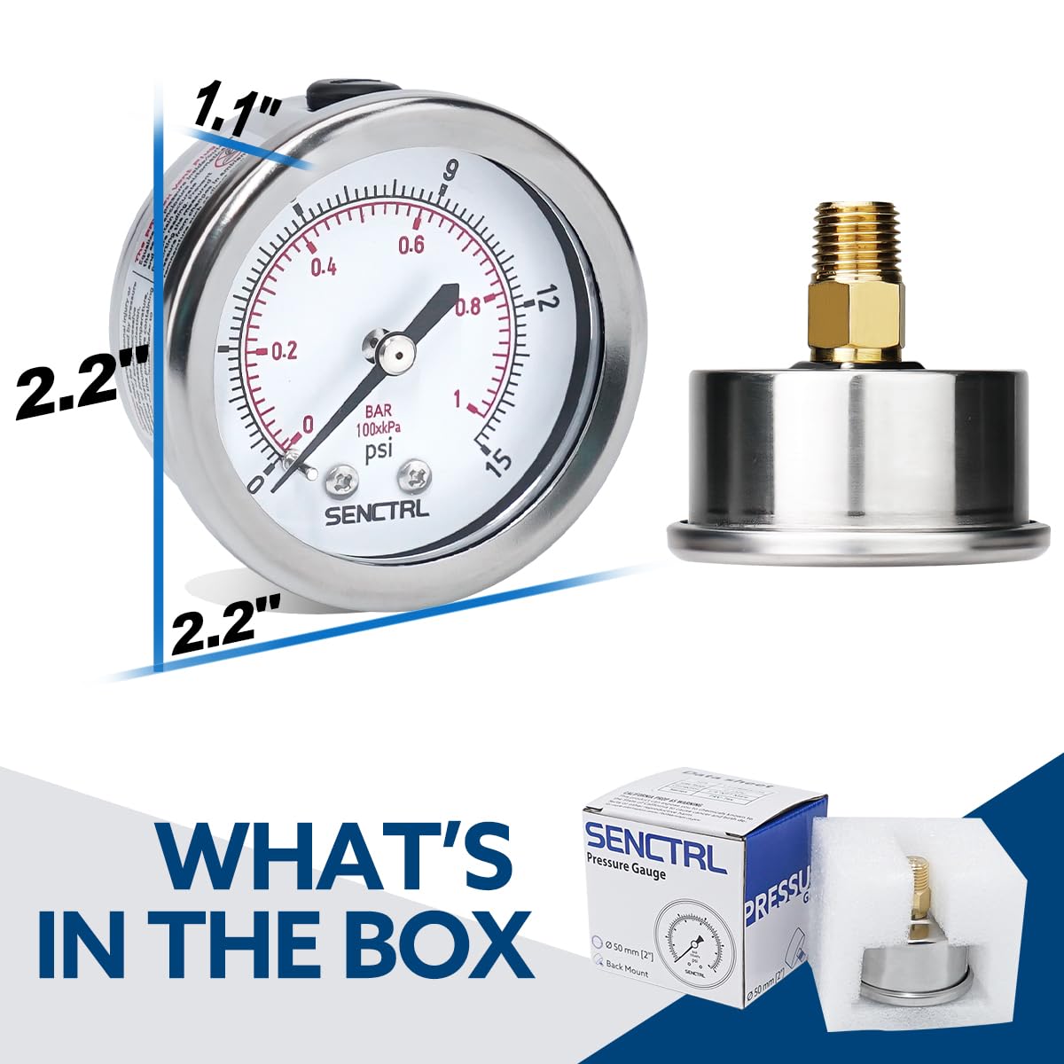 SENCTRL 0-15 Psi Low Pressure Gauge, 1/4" NPT Back Mount
