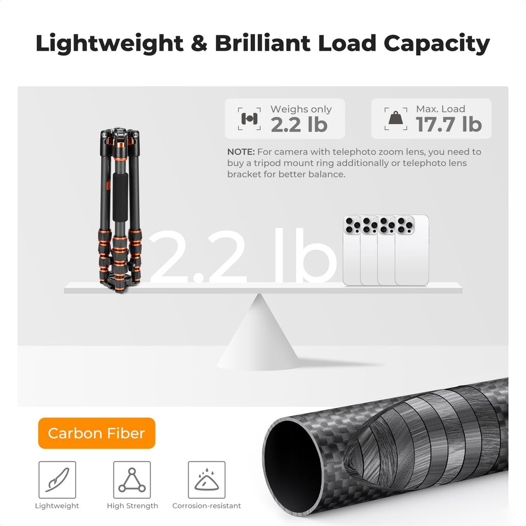 60" Carbon Fiber Camera Tripod, Detachable Monopod for SLR DSLR | Max Load 17 lb, Lightweight Compact Travel Tripod