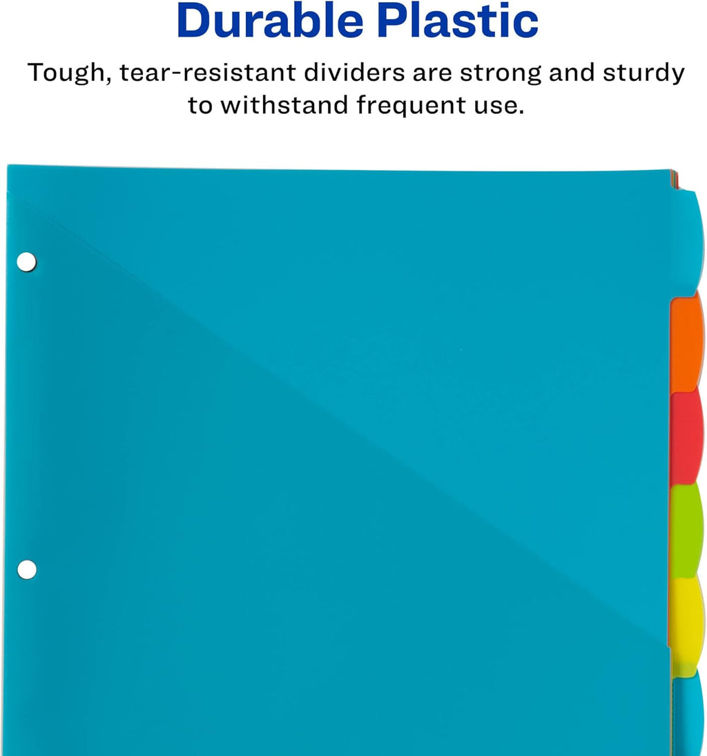 Durable Plastic 8 Tab Write & Erase Dividers with Pockets for 3 Ring Binders, Multi Brights, Works with Sheet