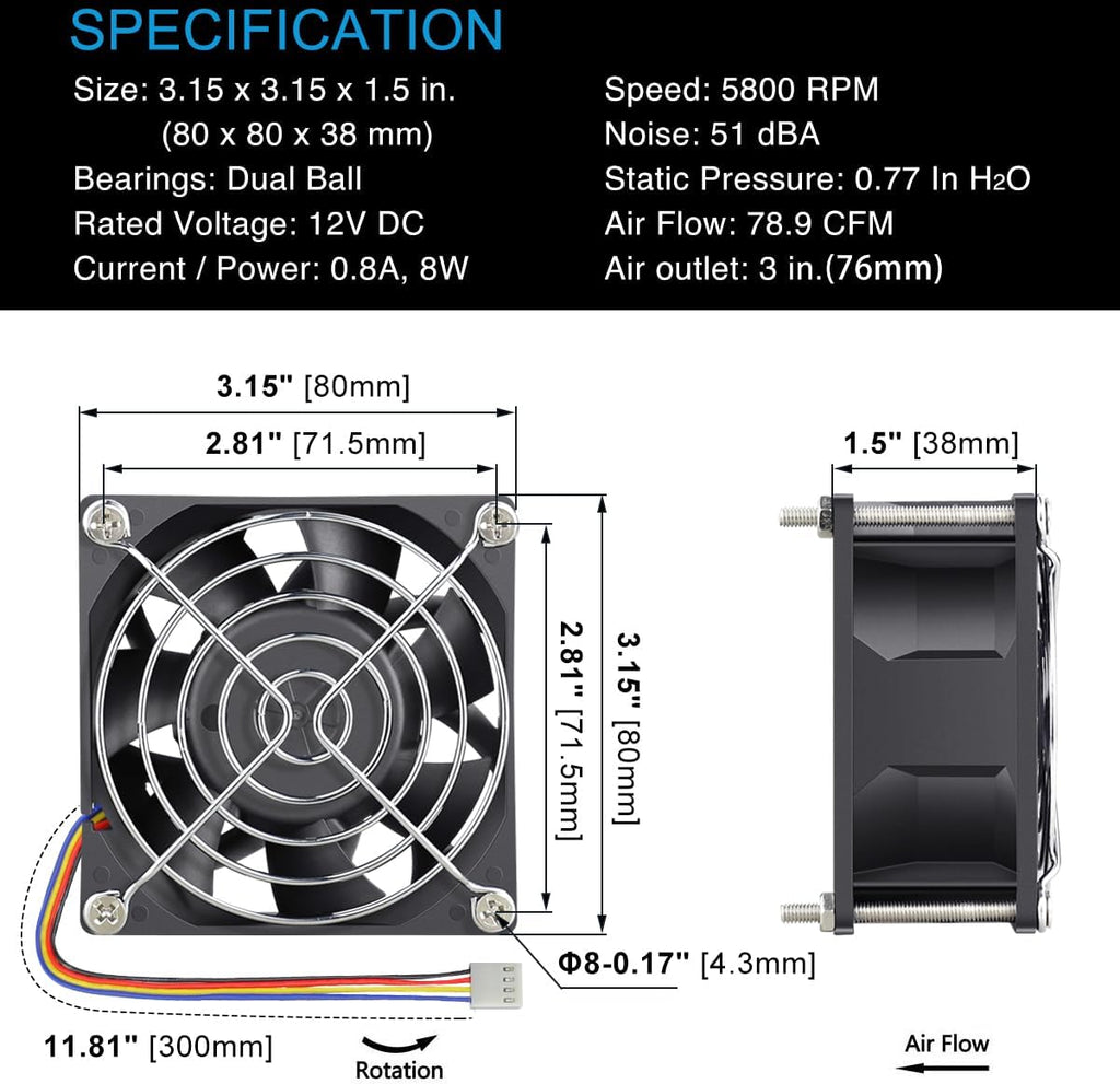 GDSTIME 80mm x 38mm Server Fan 12V PWM 4-Pin 8038 High Static Pressure