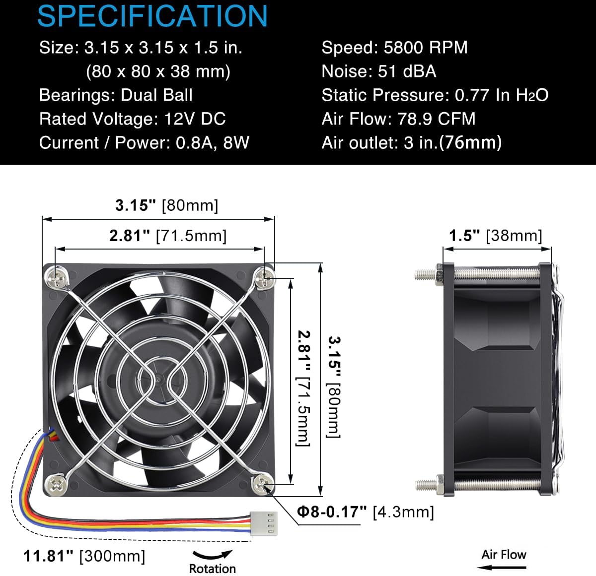 GDSTIME 80mm x 38mm Server Fan 12V PWM 4-Pin 8038 High Static Pressure