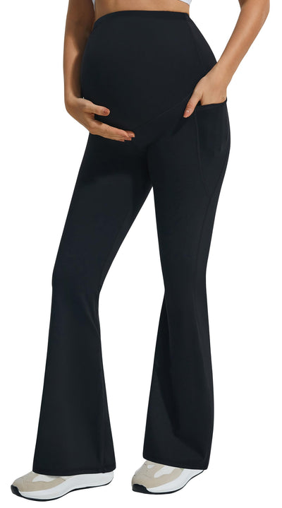 Maternity Flare Leggings Over The Belly with Pockets – Soft, Comfortable Pregnancy Yoga & Daily & Work Pants Black