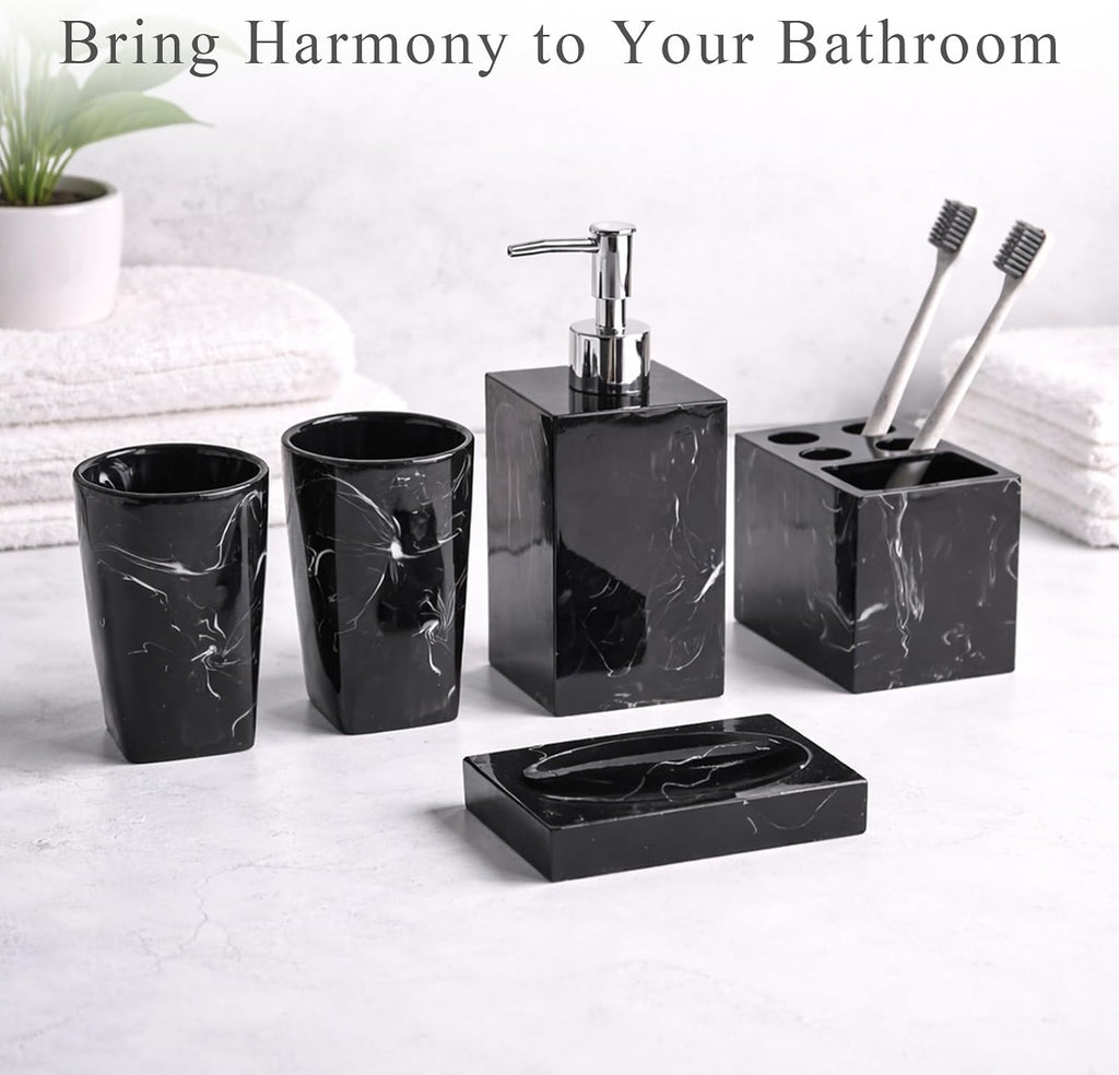 5 Piece Bathroom Accessories Set, Marble Resin Bathroom Vanity Set, Soap Dispenser, Toothbrush Holder, Soap Dish & 2