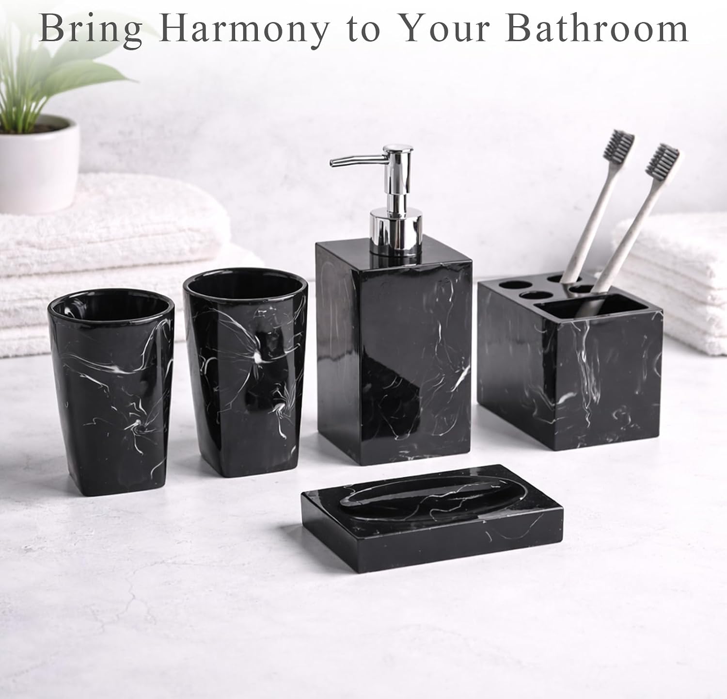 5 Piece Bathroom Accessories Set, Marble Resin Bathroom Vanity Set, Soap Dispenser, Toothbrush Holder, Soap Dish & 2