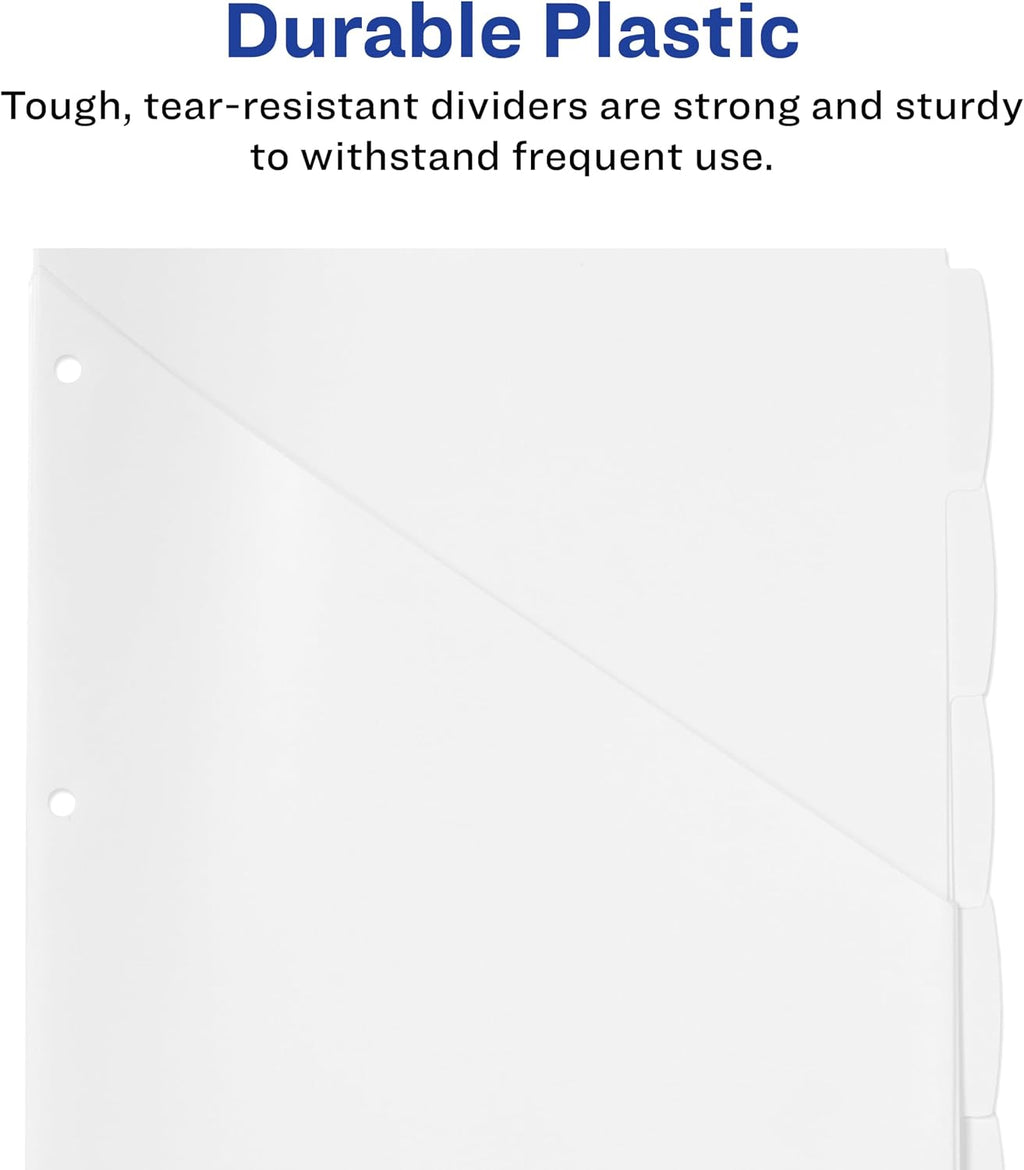 Durable Plastic 5 Tab Write & Erase Dividers for 3 Ring Binders, Slash Pocket, Translucent White, Works with Sheet