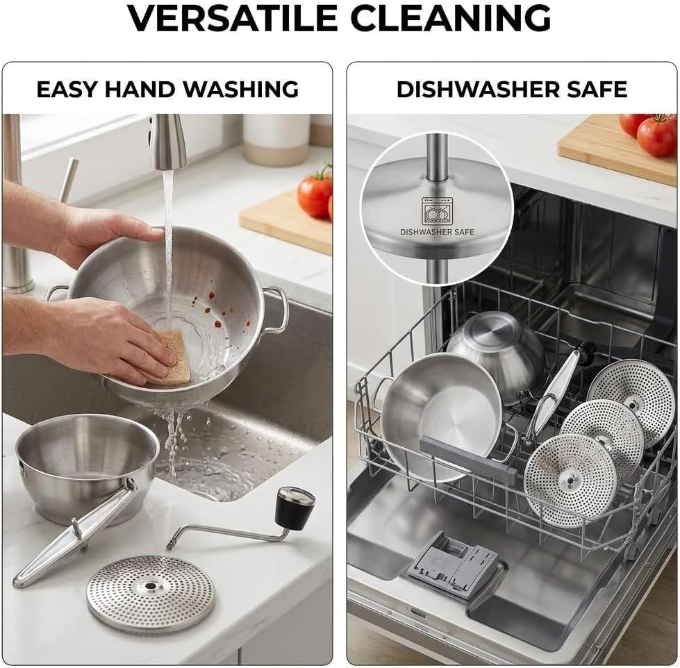 Stainless Steel Food Mill – Heavy-Duty Hand Crank Food Mill with 3 Interchangeable Discs |Manual Food Strainer for