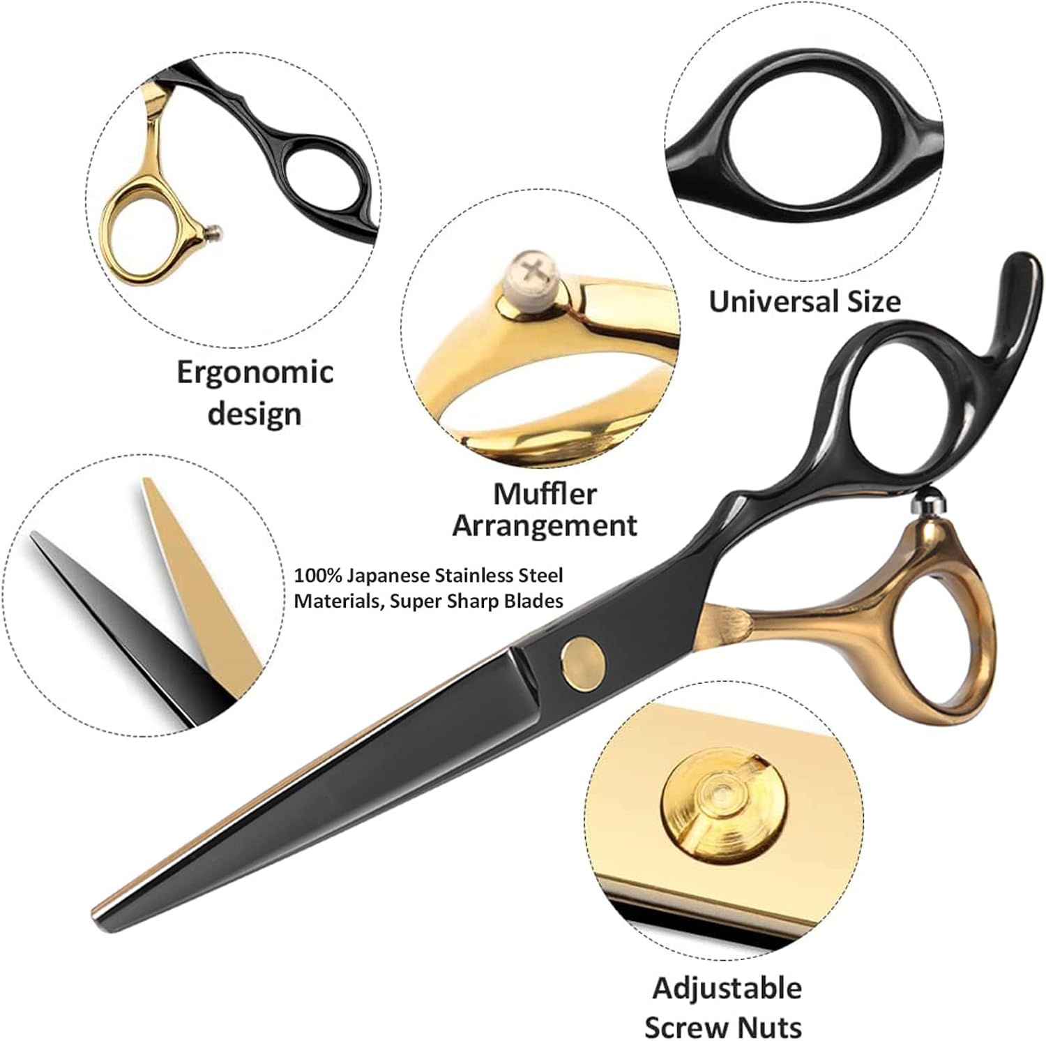 Black Gold Professional Hair Cutting Scissors - Stainless Steel Barber Thinning Shears - Multifunctional Straight and