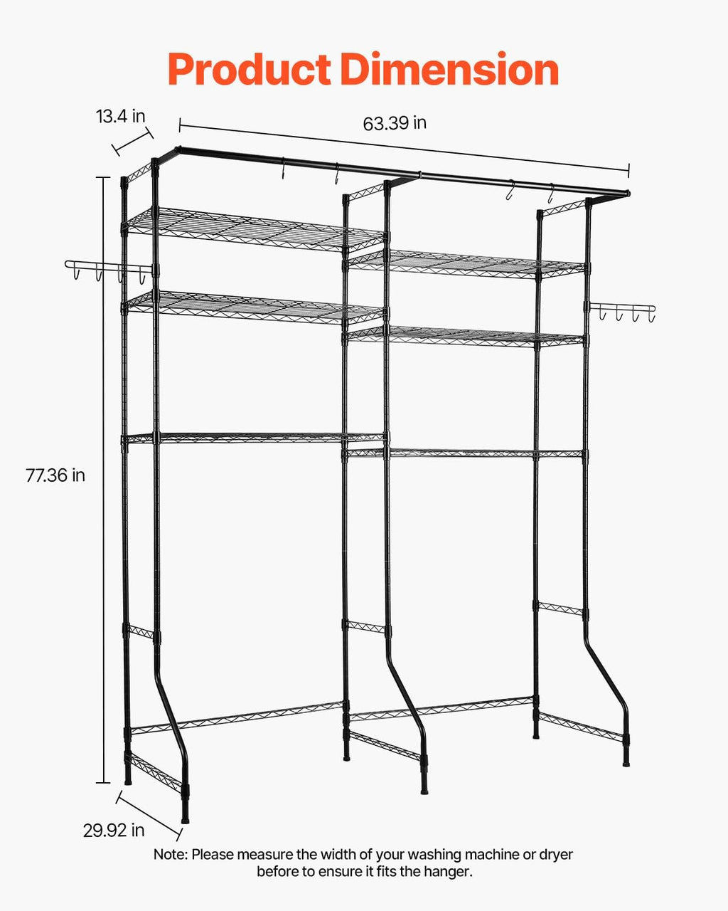Over Washer and Dryer Storage Shelves, 6 Tiers Laundry Room Drying Rack with Hanger Rod and Hooks, Two Rows