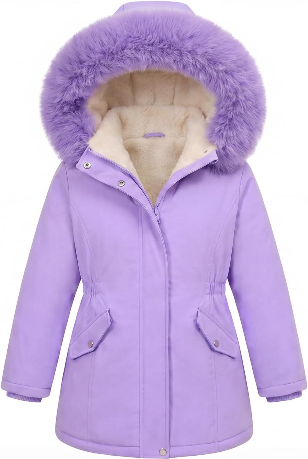 Girls Winter Coats Puffer Jacket Fleece Parka Snow Hooded Clothes | Water-Resistant Windproof Shell; Faux-Fur-Trim