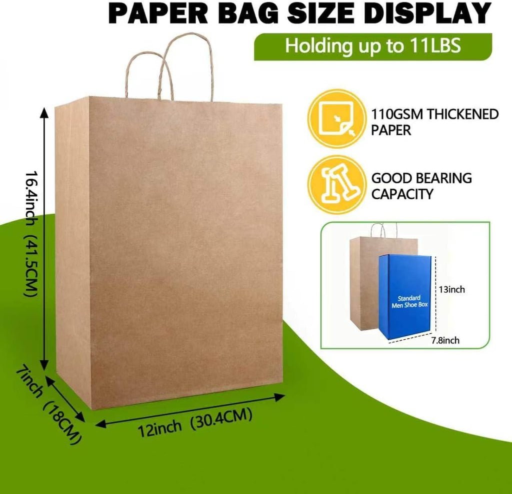 Brown Paper Bags with Handles, 50 Pack 12x7x16 Inch