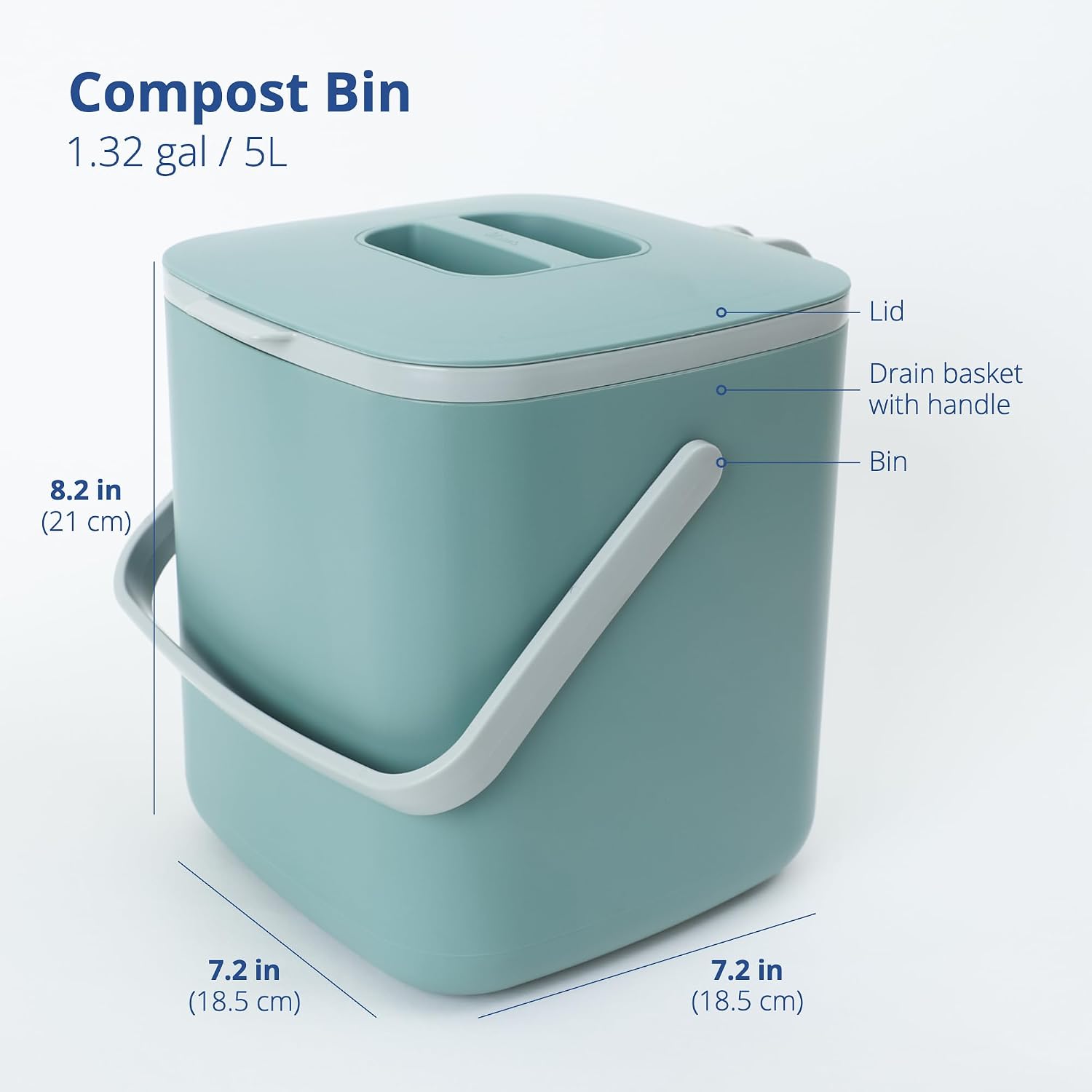 Kitchen Compost Bin, 5L Countertop Compost Bin, Green | Odor-Tight. Filter-Free. Dishwasher Safe.