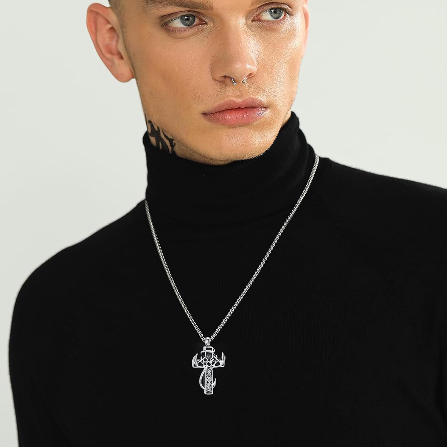 Cross Cremation Jewelry Urn Necklace for Human Ashes Fish Hook Memorial Urn Pendant Deer Antler Cross Ashes Holder