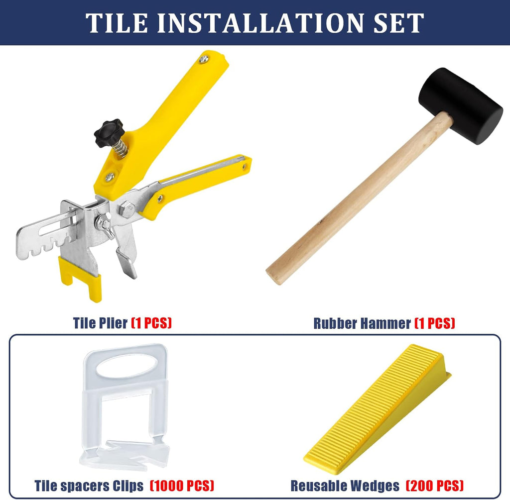Tile Leveling System with Tile Plier and Rubber Mallet Tile Leveler Tool | 1000 Piece Tile Spacers Clips and 200